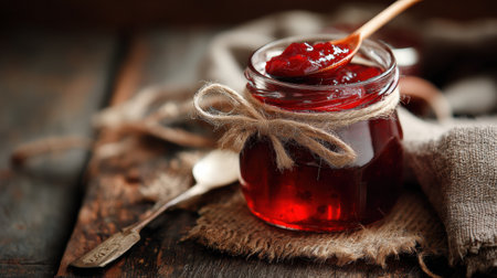 Bright red strawberry jam is beautifully placed in a small glass jar with a wooden spoon resting inside, set on a rustic wooden table.の素材