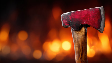 An ax with a striking red head rests on a wooden surface, illuminated by the warm glow of flames, creating a rustic, inviting atmosphere.の素材