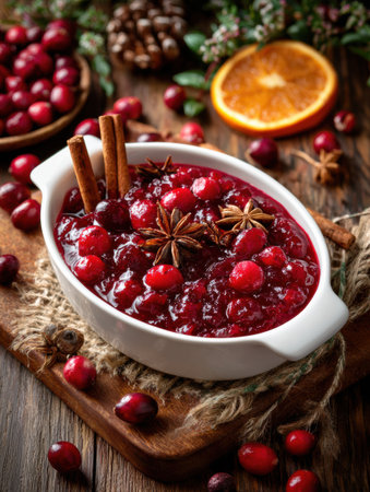 A bowl of homemade cranberry sauce featuring orange slices and spices sits on a rustic wooden table surrounded by festive decorations, perfect for the holidays.の素材