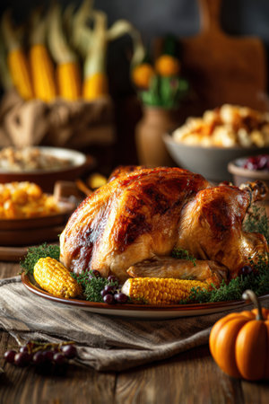 A festive table spread features a golden roasted turkey, fresh corn, and autumn decorations, evoking a warm and inviting Thanksgiving atmosphere.の素材