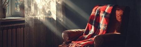 A cozy chair with a colorful blanket rests in a serene room, bathed in soft sunlight for a peaceful vibe.の素材