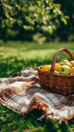 A wicker basket overflowing with apples and oranges rests on a checkered blanket spread across lush green grass in a serene park setting on a sunny dayの素材