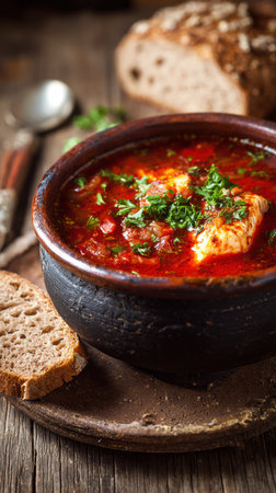 A bowl filled with vibrant soup sits on a wooden platter next to slices of rustic bread, accentuating a warm, inviting atmosphere for a meal.の素材