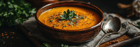 Warm carrot soup with a velvety texture is displayed in a bowl, adorned with herbs and spices, set on a textured surface with rustic elements.の素材