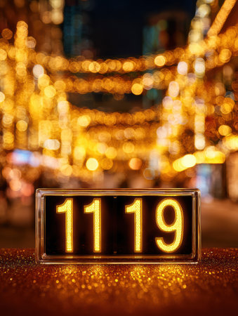The display shows 1119 as colorful lights illuminate the street in a vibrant, nighttime celebration with a festive atmosphere.の素材
