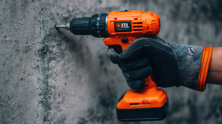 Worker uses a cordless drill to create a hole in a concrete wall while completing a home renovation project in the afternoon sun.の素材