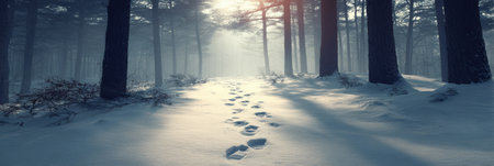Footsteps trail through a tranquil snow-covered forest as soft sunlight penetrates the canopy of trees, creating a peaceful winter atmosphere.の素材