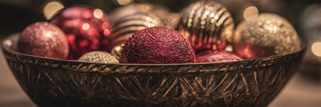 Beautifully arranged shiny ornaments in red, gold, and bronze sit in an ornate bowl, creating a festive atmosphere for the holiday season.の素材