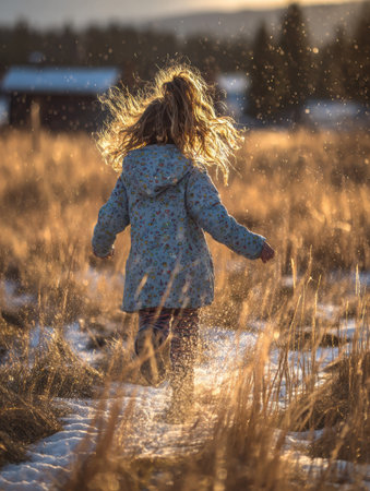 Young girl with long hair wearing a blue coat joyfully runs through a snowy path in a golden-lit grassy field at sunset, creating a magical atmosphere.の素材