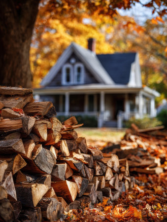 A pile of neatly stacked firewood is positioned in front of a charming house, framed by vibrant autumn leaves under clear blue skies.の素材