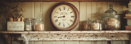 A rustic kitchen shelf displays an antique clock and glass jars filled with various ingredients, creating a warm, nostalgic atmosphere in the space.の素材