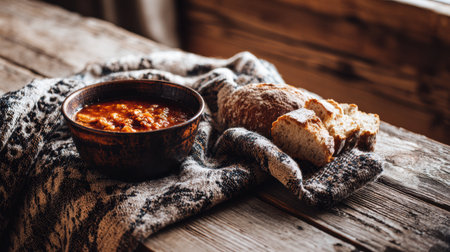 A rustic wooden table holds a bowl of rich soup paired with crusty bread, all wrapped in a cozy textured cloth, enhancing the autumn atmosphere.の素材