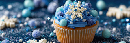 A winter cupcake has soft blue frosting with snowflakes and sprinkles, placed on a sparkling surface with decorative accents.の素材