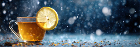 Steam rises from a cup of tea with a lemon slice, set against a backdrop of falling rain, creating a cozy and tranquil atmosphere for relaxation.の素材