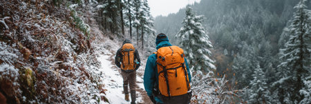 Two hikers explore a snowy trail surrounded by tall evergreen trees, enjoying the winter landscape in a mountainous region.の素材