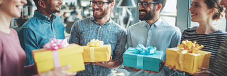 Group of friends share smiles while holding wrapped gifts in a warm and inviting cafe setting, creating a festive atmosphere during the day.の素材