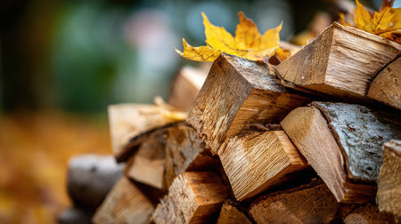 A close view of neatly stacked wooden logs adorned with colorful autumn leaves in a tranquil forest area, capturing the essence of fall.の素材