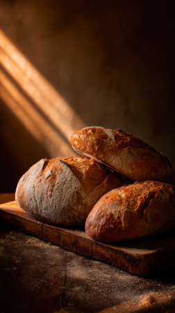 Three rustic loaves of bread sit on a wooden board, glowing from soft rays of sunlight in a warm, cozy kitchen atmosphere.の素材