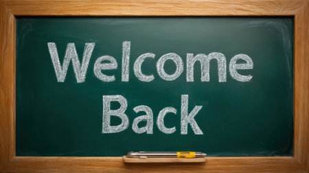 A chalkboard displays a warm welcome message for students returning to school, creating an inviting atmosphere for the new term ahead.の素材