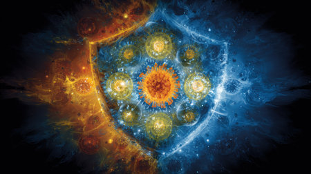 A dazzling cosmic shield filled with suns and celestial orbs glows brightly, blending warm and cool colors in a captivating cosmic display.の素材