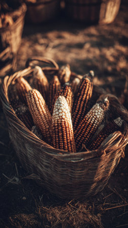 Colorful corn cobs collected in a rustic basket showcase the bounty of the harvest during the autumn season on a rural farm.の素材