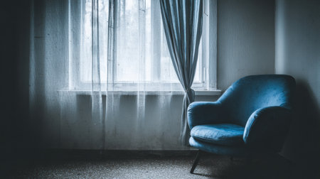 A blue chair sits in a dimly lit room next to a window, draped with sheer curtains, creating a serene atmosphere in the early morning light.の素材