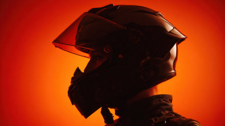 A motorcyclist is captured in silhouette, wearing a protective helmet, set against a striking orange backdrop, evoking a sense of adventure and speed.の素材