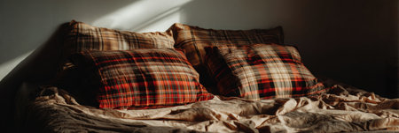 Soft bedding features plaid pillows and light fabric, bathed in warm afternoon sunlight creating a serene and inviting atmosphere.の素材