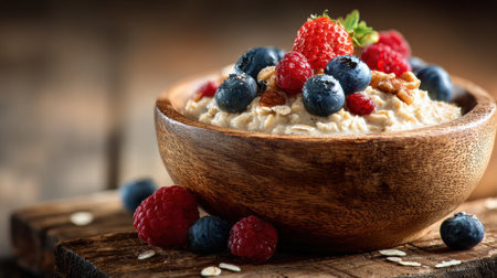 Creamy oatmeal is garnished with vibrant strawberries, blueberries, and raspberries, served in a rustic wooden bowl on a textured table.の素材