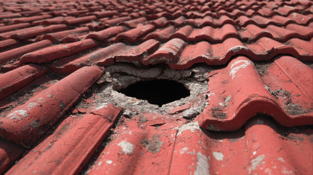 A red tiled roof displays a significant hole, revealing underlying materials and indicating the need for repair work and maintenance in bright light.の素材