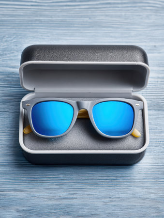 Blue sunglasses resting in a stylish black case, emphasizing the modern design and vibrant lenses against a wooden backdrop.の素材