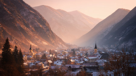 Soft light illuminates a serene village surrounded by towering mountains, showcasing its quaint architecture and peaceful atmosphere during winter.の素材