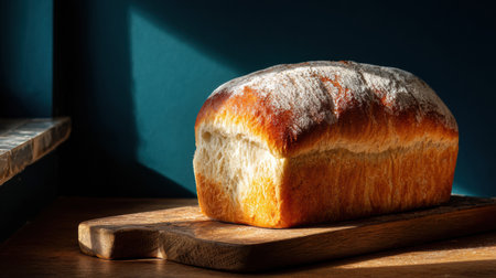 Golden brown loaf of bread sits on a wooden board, illuminated by sunlight streaming through a nearby window, adding warmth to the kitchen setting.の素材