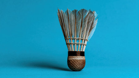 A traditional shuttlecock stands upright with its feathers fanned out, showing its unique design and smooth wooden base on a vibrant blue background.の素材