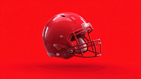 A vibrant red football helmet is centered against a matching red background, highlighting its sleek design and sports functionality with a minimalist approach.の素材