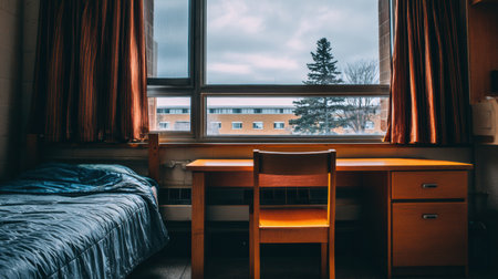 A student dorm room features a neatly made bed, desk, and chair, with large windows letting in soft natural light and showing a tree outside.の素材
