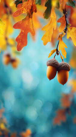 Two acorns rest beneath vibrant orange and yellow oak leaves against a soft blue backdrop, capturing the essence of autumns beauty.の素材