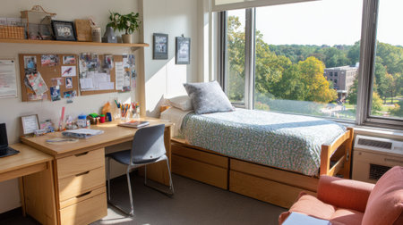 Bright and inviting college dorm room features a study desk, comfortable bed, and large window showing colorful autumn trees outside.の素材
