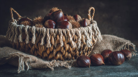 A woven basket brimming with glossy chestnuts rests on a rustic surface, embodying the essence of autumn and seasonal harvest, inviting warmth and comfortの素材