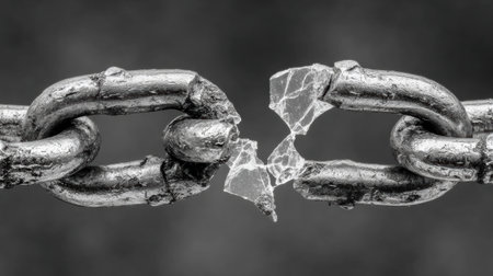 Metal chain links are visibly broken apart, with clear fractures showing wear and fatigue, conveying a sense of loss and separation in a somber settingの素材