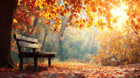 A serene bench rests under a tree with vibrant orange and yellow leaves, bathed in soft sunlight for a peaceful atmosphere.の素材
