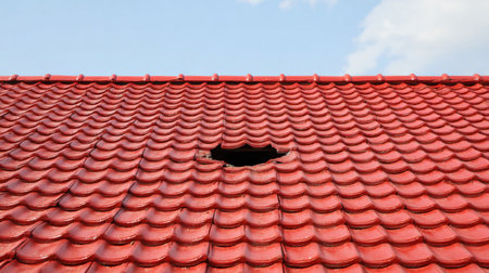 A damaged red tiled roof shows a significant hole, allowing sunlight to shine through on a clear day. The surrounding tiles are intact and vivid.の素材