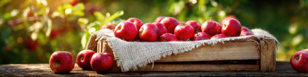 Red apples are neatly arranged in a wooden crate, illuminated by warm sunlight in a lush orchard filled with greenery during sunset.の素材
