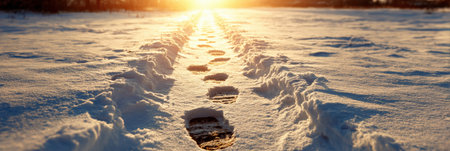 Footsteps trail through freshly fallen snow as the sun sets, casting a warm glow over the serene winter landscape, highlighting the beauty of the season.の素材