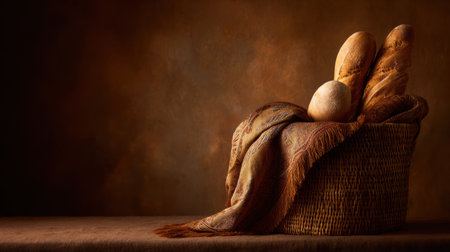 A woven basket holds freshly baked bread and a stone resting on a textured cloth, softly illuminated by warm light in a cozy setting.の素材