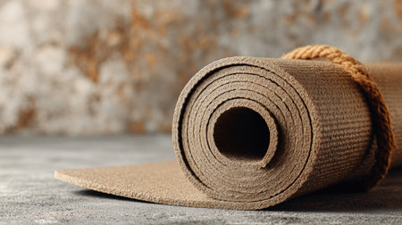 A rolled yoga mat rests on a textured surface, prepared for a relaxing session in a peaceful atmosphere. The setup invites focus and tranquility.の素材