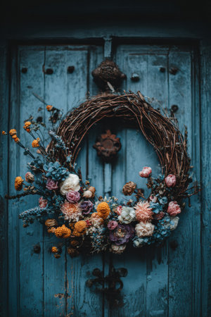 A vibrant wreath made of dried flowers and twigs adorns an aged blue door, showing a blend of colorful blooms and natural textures in an inviting setting.の素材