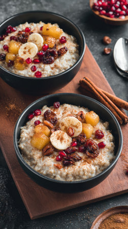 Bowls of creamy oatmeal are generously topped with banana, pineapple, pomegranate seeds, and nuts, creating an inviting breakfast spread.の素材