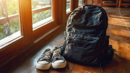 A black backpack sits on a wooden floor next to a pair of sneakers, with warm sunlight streaming through a large window creating a tranquil atmosphere.の素材