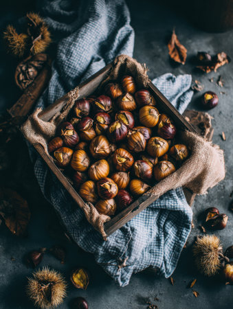 A rustic wooden crate filled with freshly picked chestnuts rests on a textured surface, surrounded by fallen leaves and soft fabric, showing casing autumn bounty.の素材